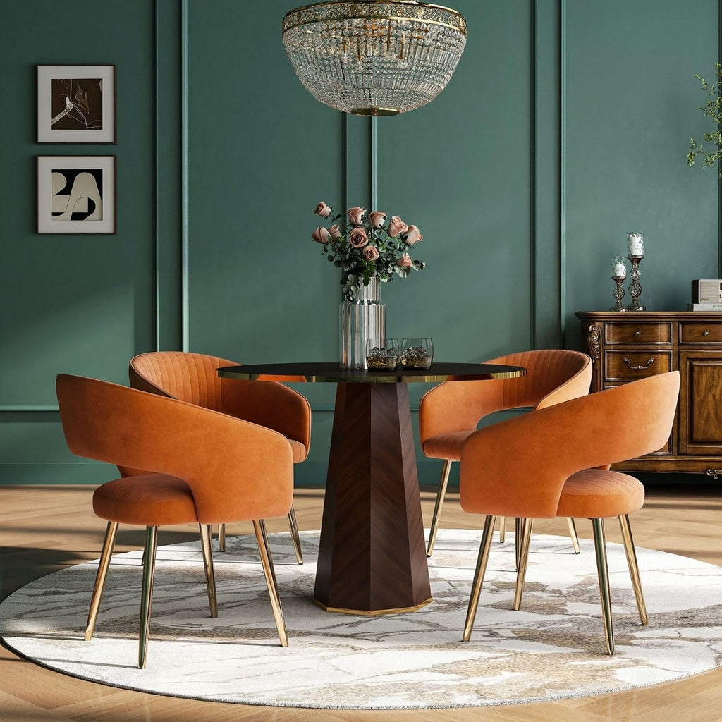 Orange Velvet Dining Chairs Set of 4, Modern Gold Legs Dining Room Chairs with Hollow Back, Upholstered Accent