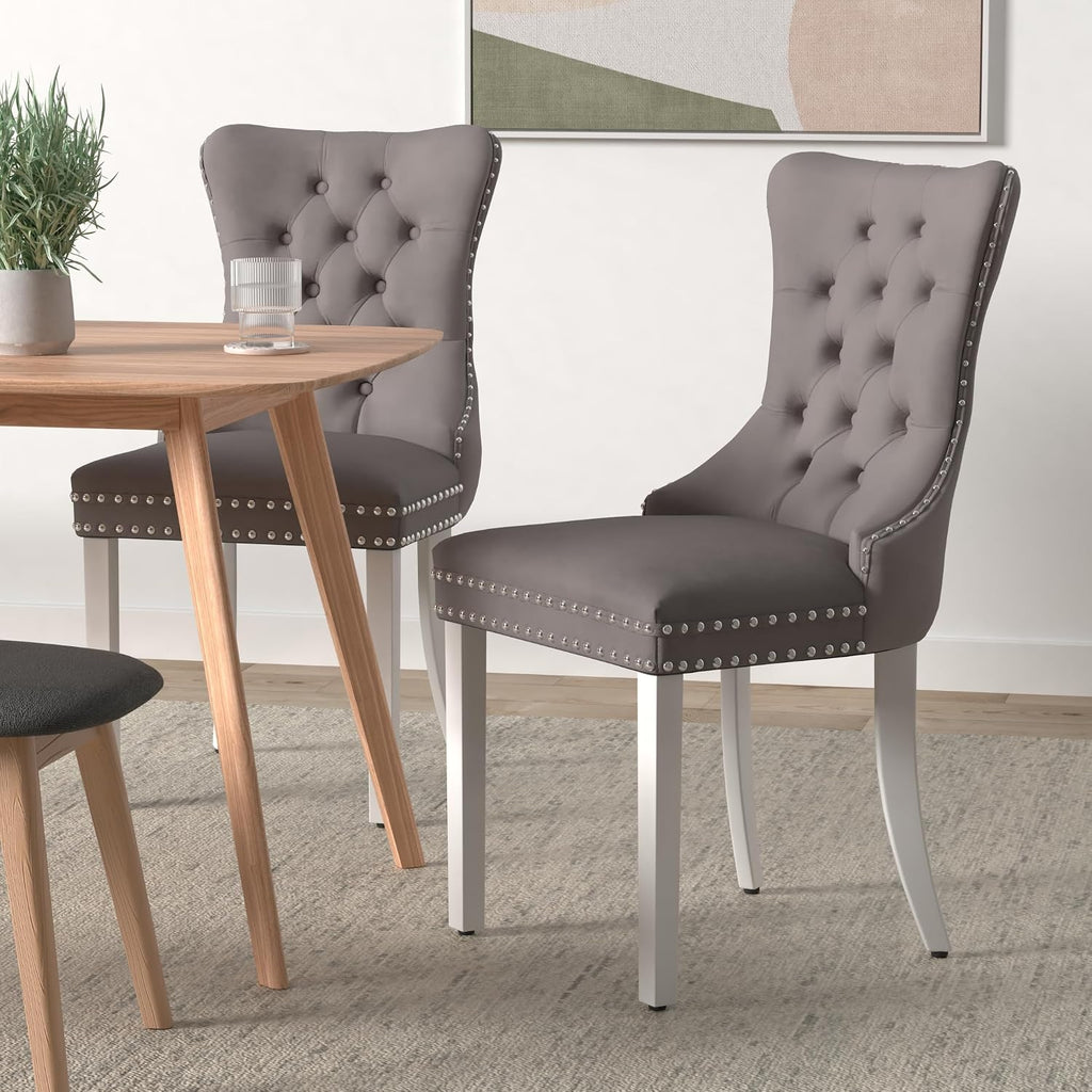 Grey Velvet Dining Chairs Set of 4, Tufted Back, Silver Metal Legs | Ring pull; wing back; nailhead trim; spring and