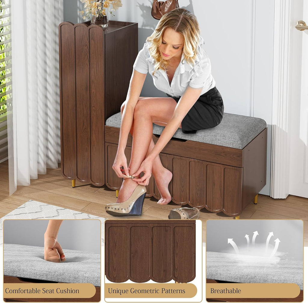 Shoe Organizer Cabinet,Entryway Bench with Adjustable Shelves and Cushioned Seat,Unique L-Shaped Bench Cabinet