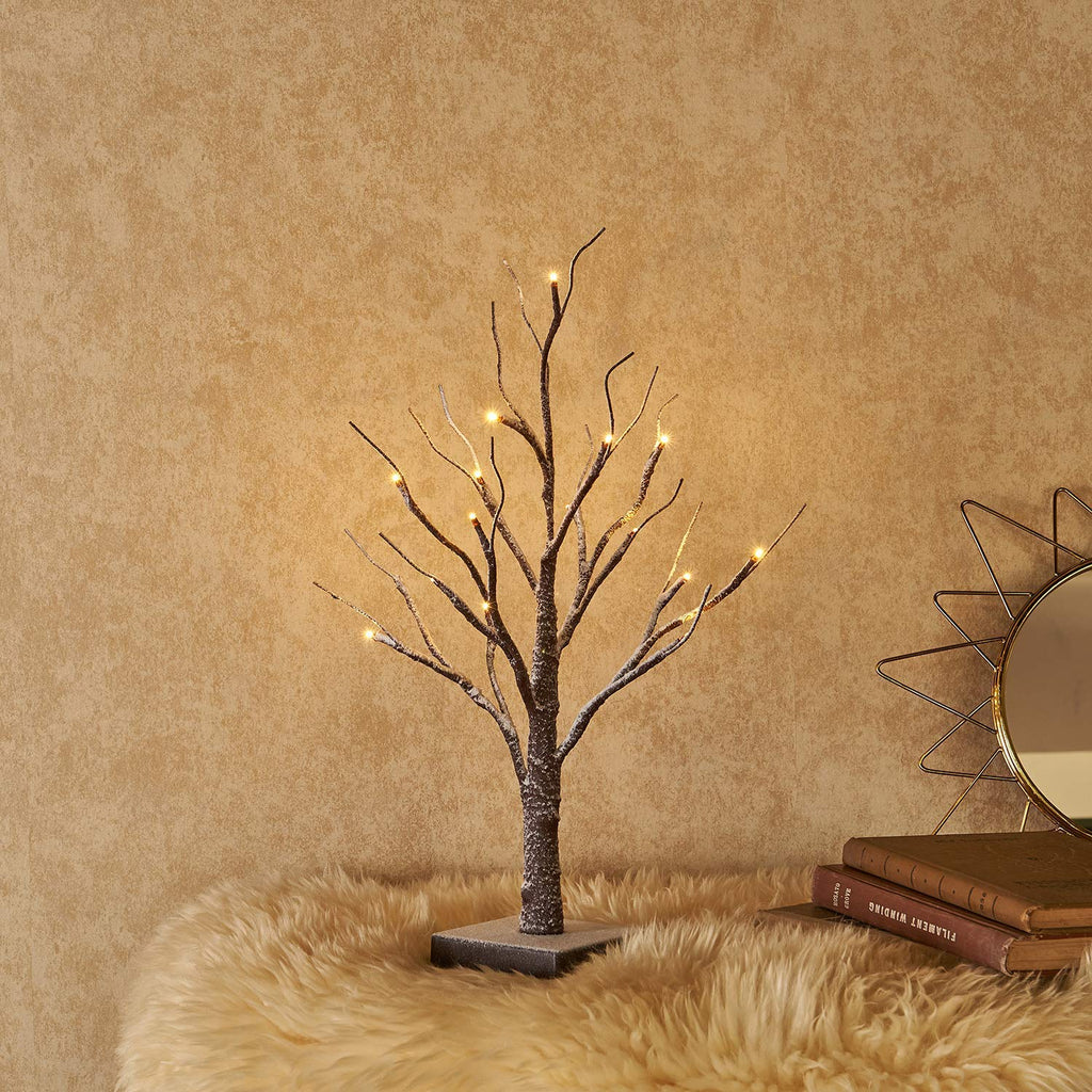 Lighted Tabletop Artificial Small Tree Snow Dusted 24 LED 18IN Battery Operated with Timer Indoor Use for Halloween