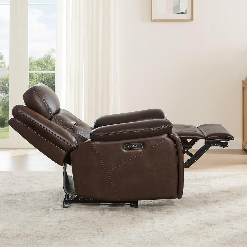 Genuine Leather Power Recliner Chair for Adults, Wall Hugger Recliner with Power Headrest, Cup Holders & Charging