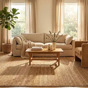 Handwoven Jute Area Rug - 12x15 Feet Natural Yarn - Rustic Vintage Beige Braided Reversible Rectangular Rugs