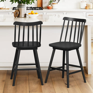 360° Swivel Bar Stools Set of 2, Black Windsor Barstools, Counter Height Barstool with Spindle Back, 24 inch