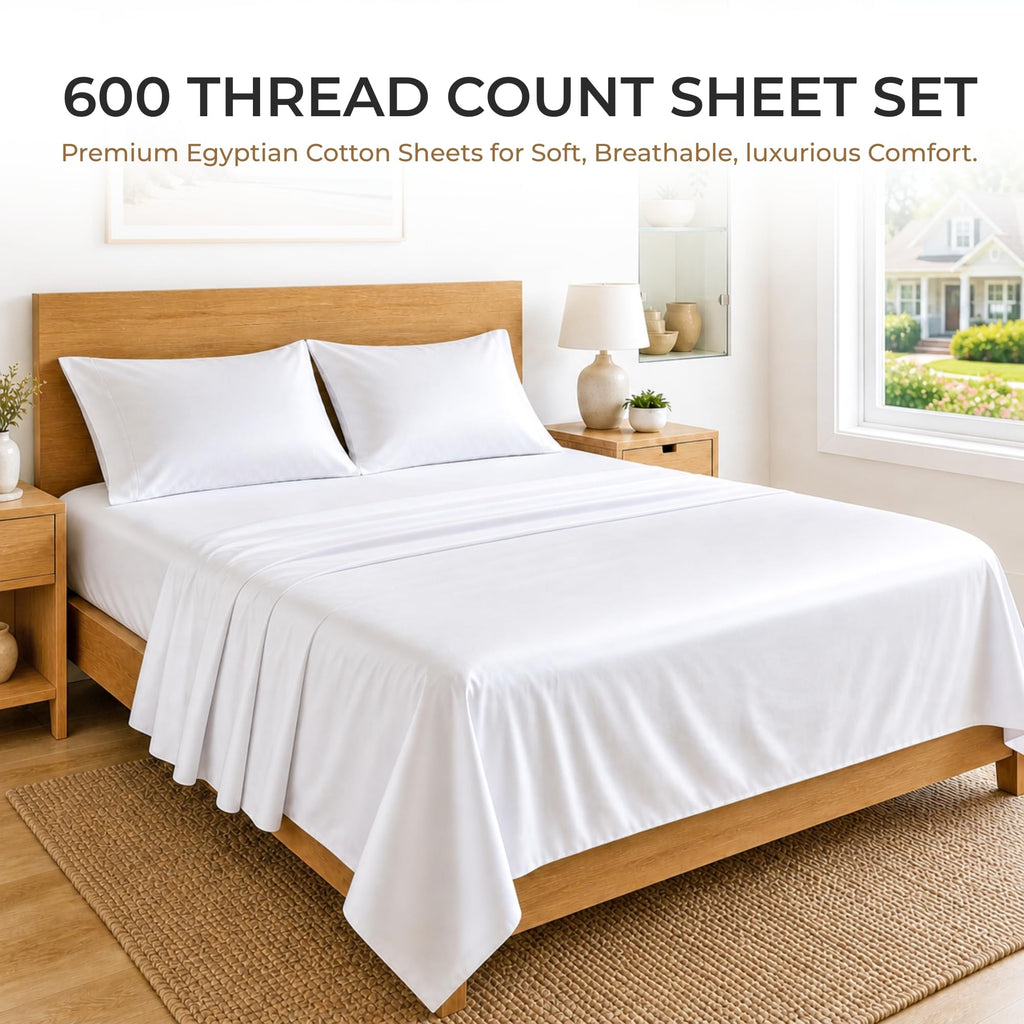 SGI Luxury 600 Thread Count Queen Sheets Set, White, 100% Egyptian Cotton