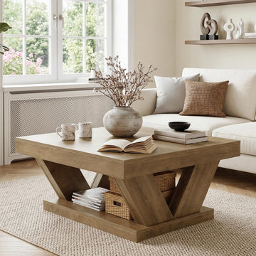 Coffee Table, Farmhouse Coffee Table with Large Storage Shelf, 2-Tier Rustic Wood Modern Center Table, Rustic Brown