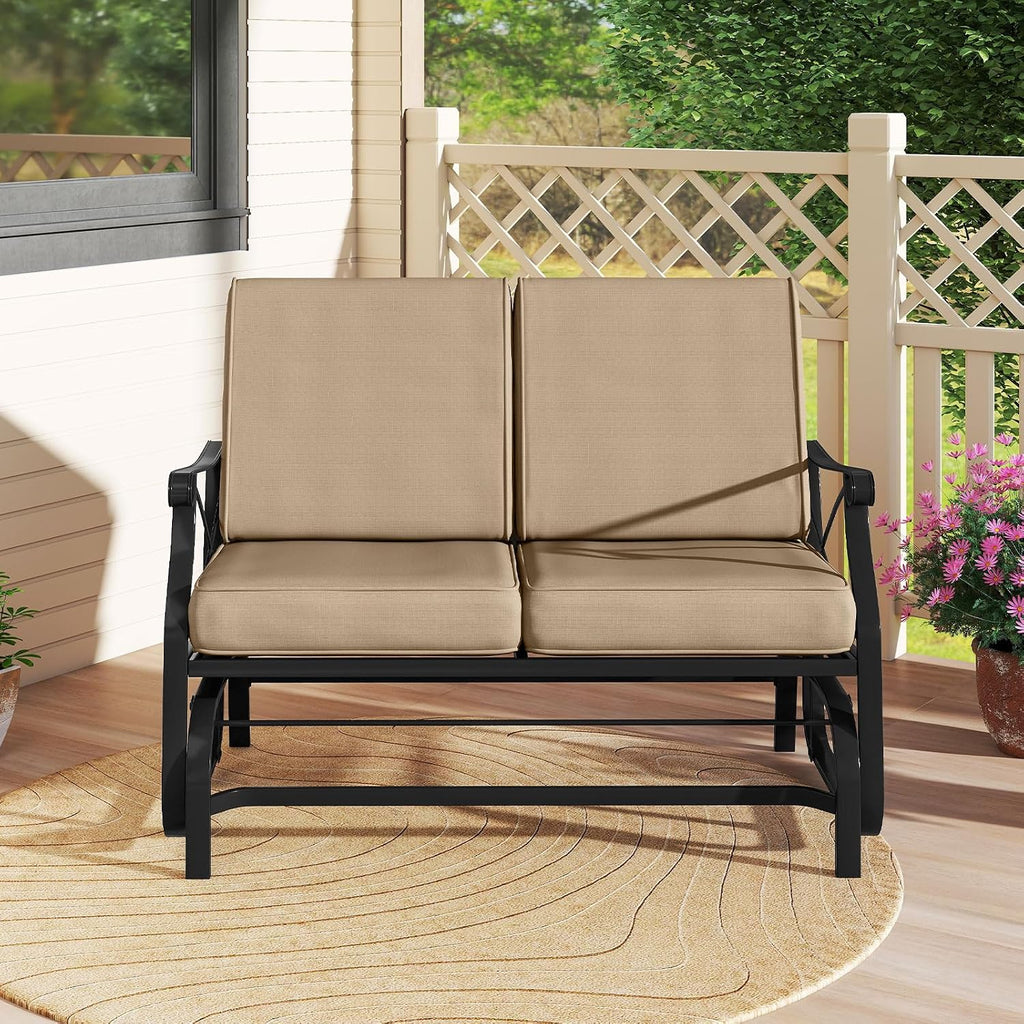 Patio Glider Bench, 2-Person Swing Gliding Loveseat with Breathable Fabric Seat & Soft Cushions, 660 LBS Metal Frame