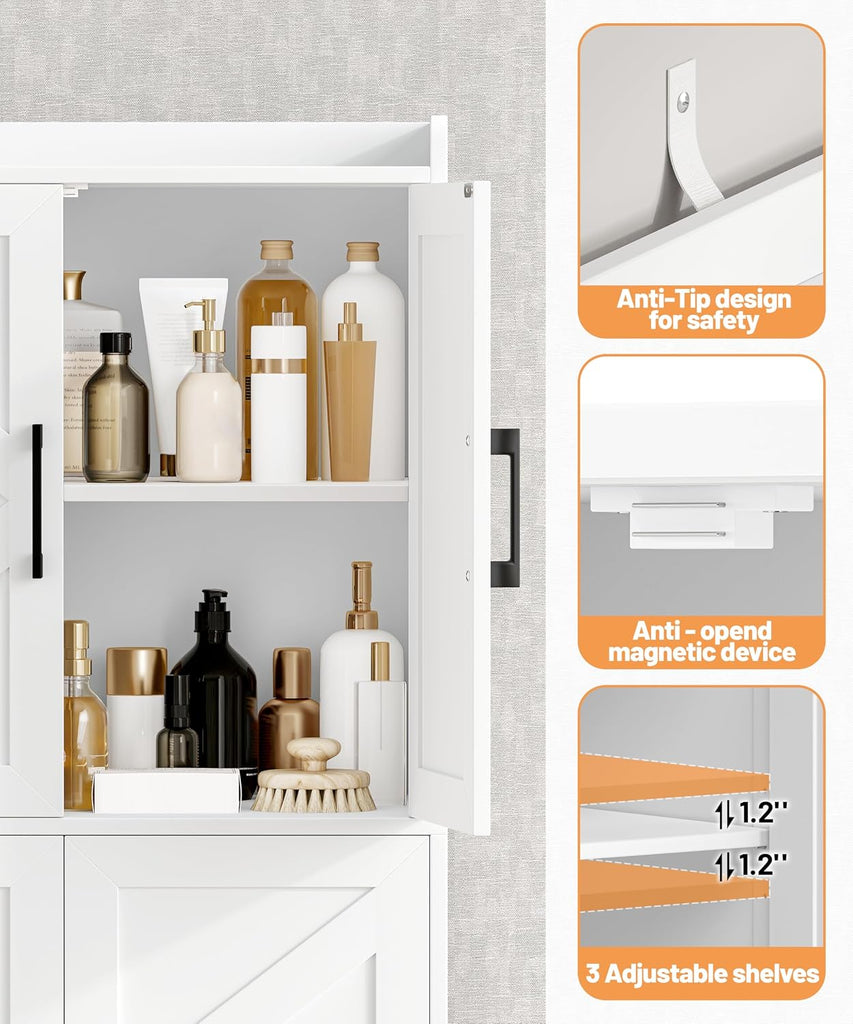 Tall Bathroom Floor Cabinet with 6 Barn Door 60.2''H Pantry White | 11.6''D x 22.6''W Linen Storage Cabinet with