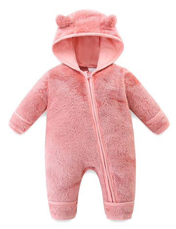 Baby Fleece Hooded One Piece Romper Winter Outwear Jumpsuit Snowsuit Bear Ear Outfits for Girls Pink Bodysuit