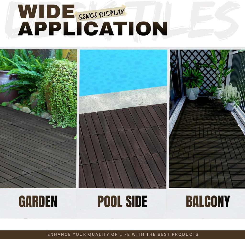 Interlocking Deck Tiles, Acacia Hardwood Outdoor Flooring, Dark Brown Deck Tiles, 12 12 Inch Striped Patio Floor Tiles