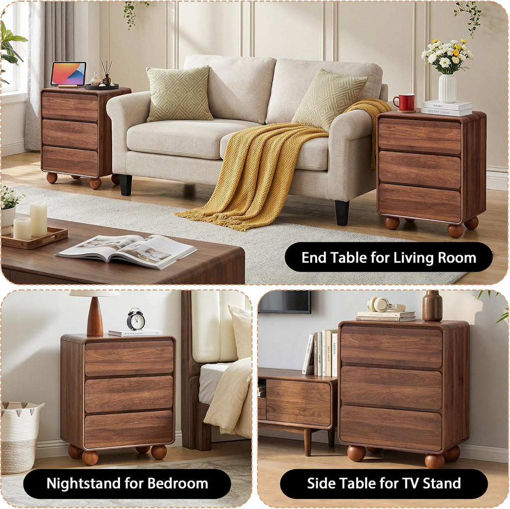 Wooden Night Stand wth 3 Drawer Dresser Mid Century Modern End Table Chest of Drawers, Solid Wood Legs & Curved