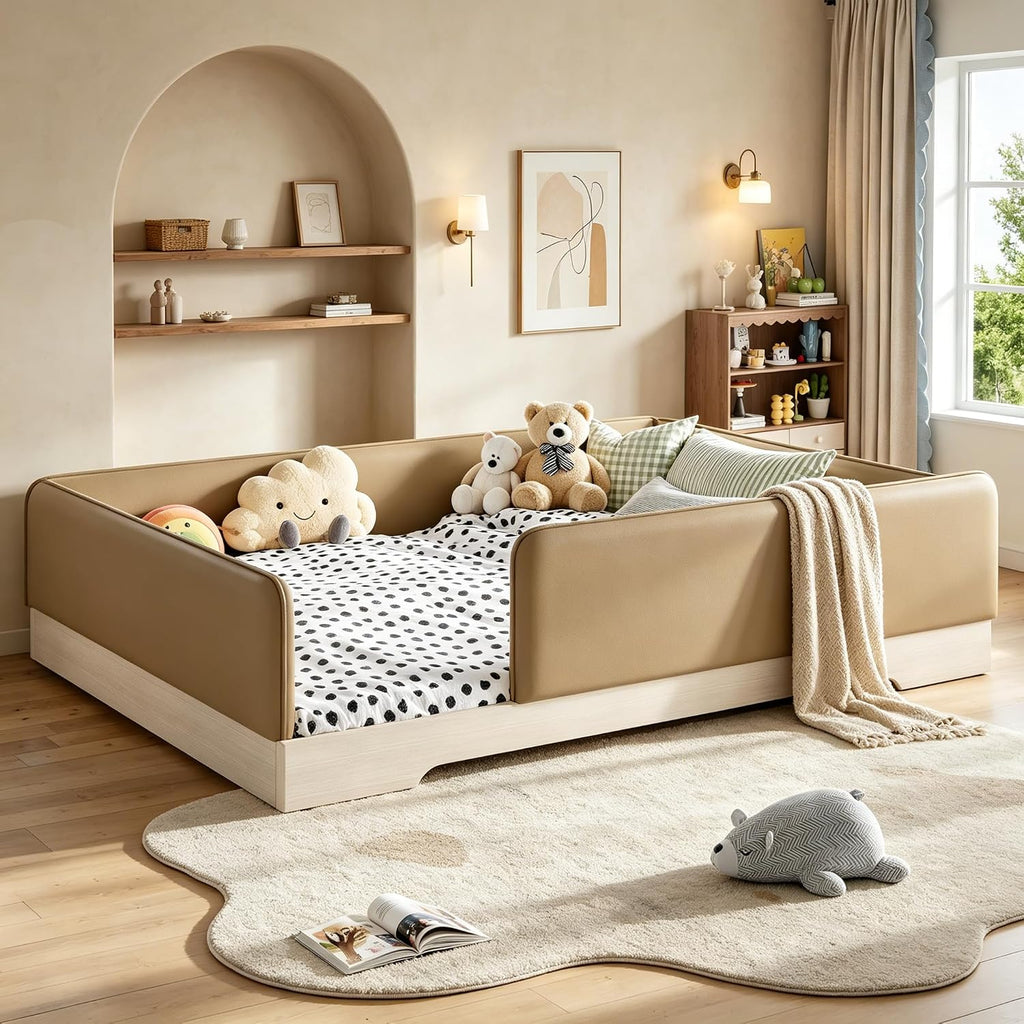 Kids Upholstered Low Bed Frame with Removable Guardrails, Montessori Floor Bed & Kids Daybed for Boys Girls, Queen