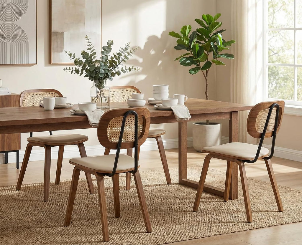 Modern Dining Chairs Set of 4, Upholstered Faux Leather Dining Room Chairs with Rattan Backrest and Wood Legs