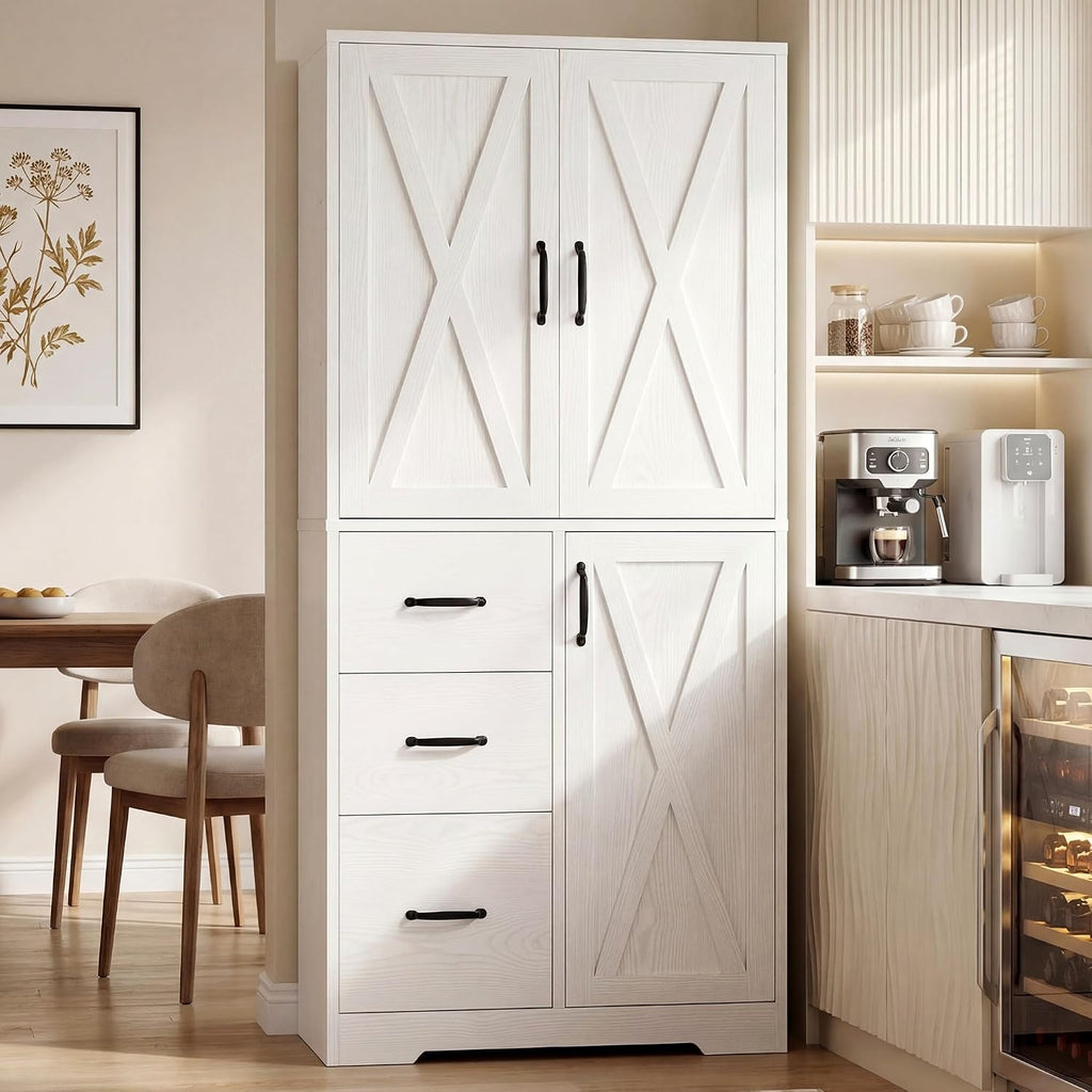 Pantry Cabinet, Kitchen Storage Cabinet with 3 Door & Drawer, White | Adjustable Shelf. 67.5inch Tall. 5 Tier