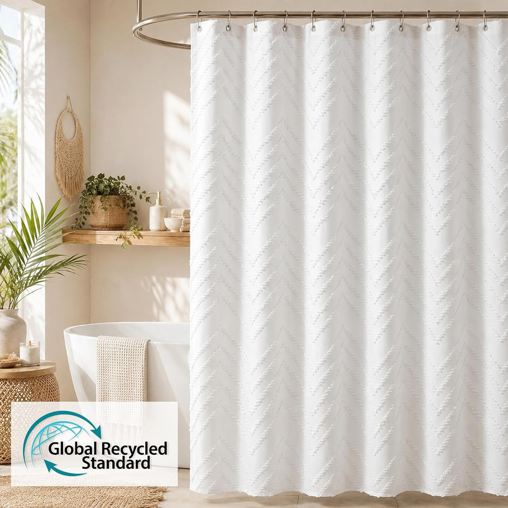 White Boho Fabric Shower Curtain 72 x 72 Inches | Textured Tufted Chevron Striped,Modern Minimalist Cloth Shower