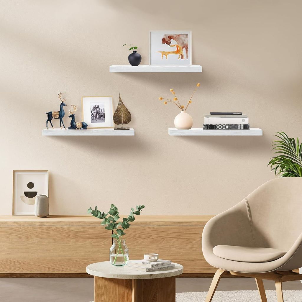 Floating Shelves for Wall Set of 3, 24" White Wall Shelves Decor, Frame Display White Floating Shelf