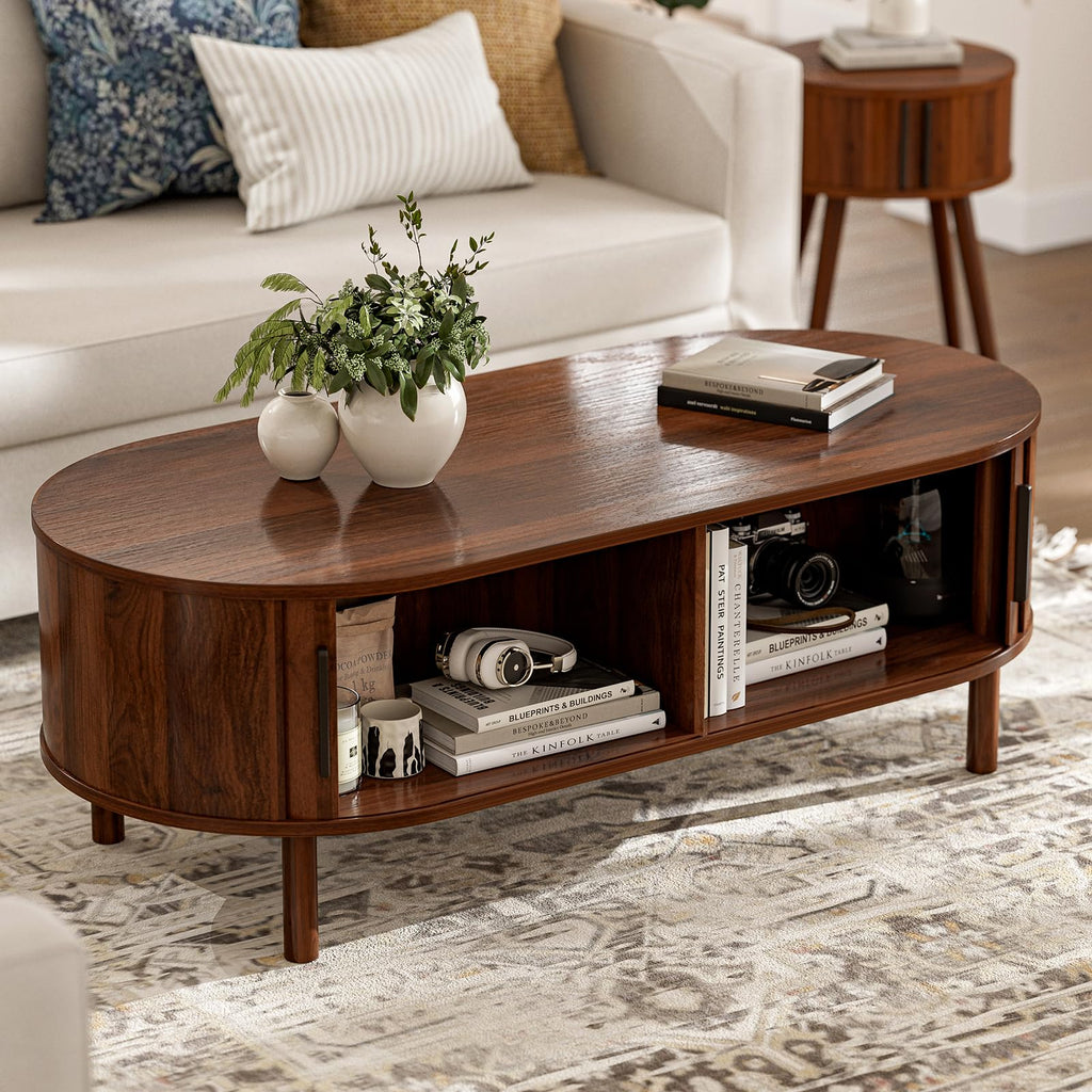 Oval Coffee Table with Sliding Doors, Mid-Century, Walnut