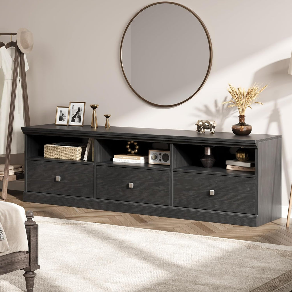 70in TV Stand for TVs up to 80", Mid Century Modern Entertainment Center with Storage Drawer and Open Shelves, TV