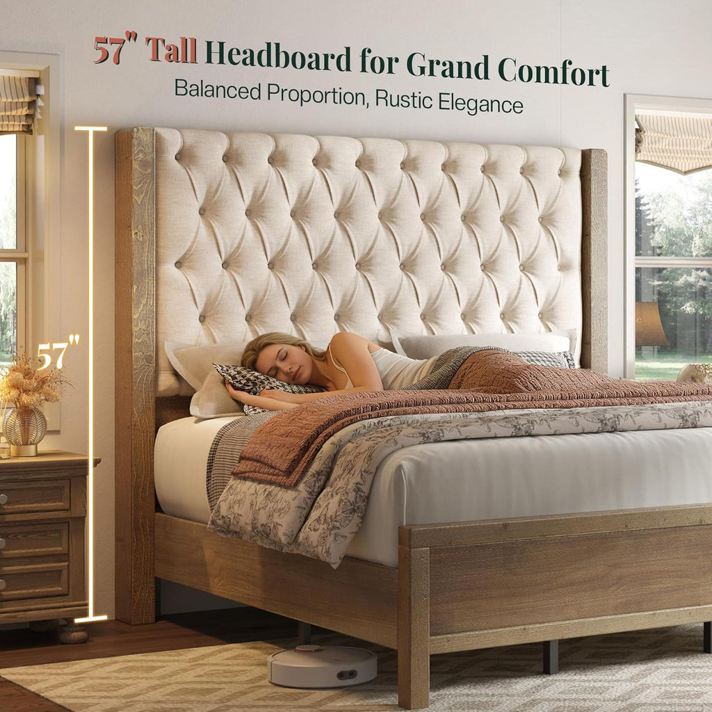 Solid Wood Queen Bed Frame, 57" Tall Farmhouse Platform Beds, Upholstered Line Wingback Headboard, Deep Button