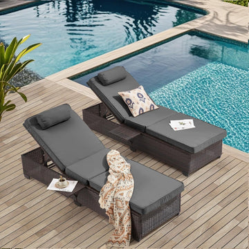 Outdoor Lounge Chairs, Pool Lounge Chairs Set of 2, Outdoor Chaise Lounge with Adjustable Backrest & Cup Holder,Grey