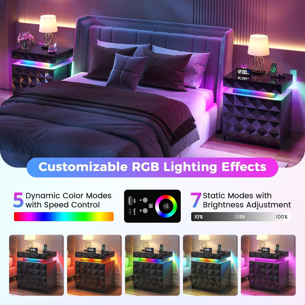 LED Night Stand with Charging Station, Lockable Hidden Drawer | Gun Safe compartment, 3 Drawers, Smart RGB Human