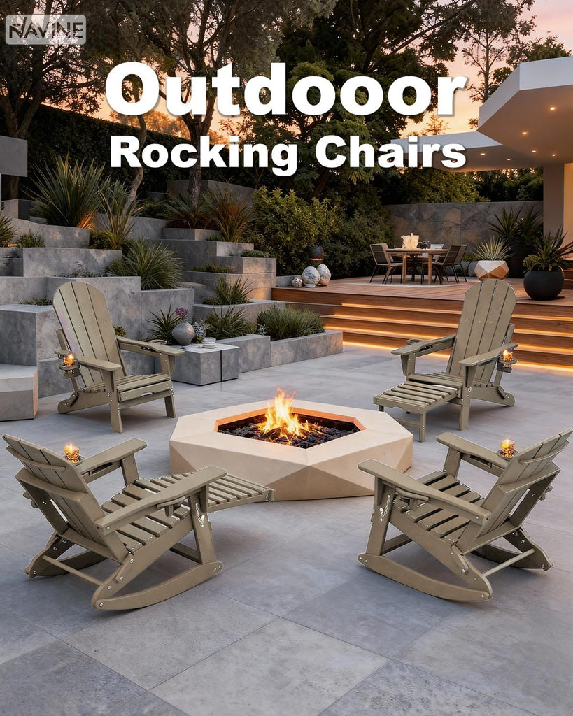 Folding Adirondack Rocking Chair with Retractable Ottoman, Brown | Folding Rocking Chair with Two Cup Holders ,High