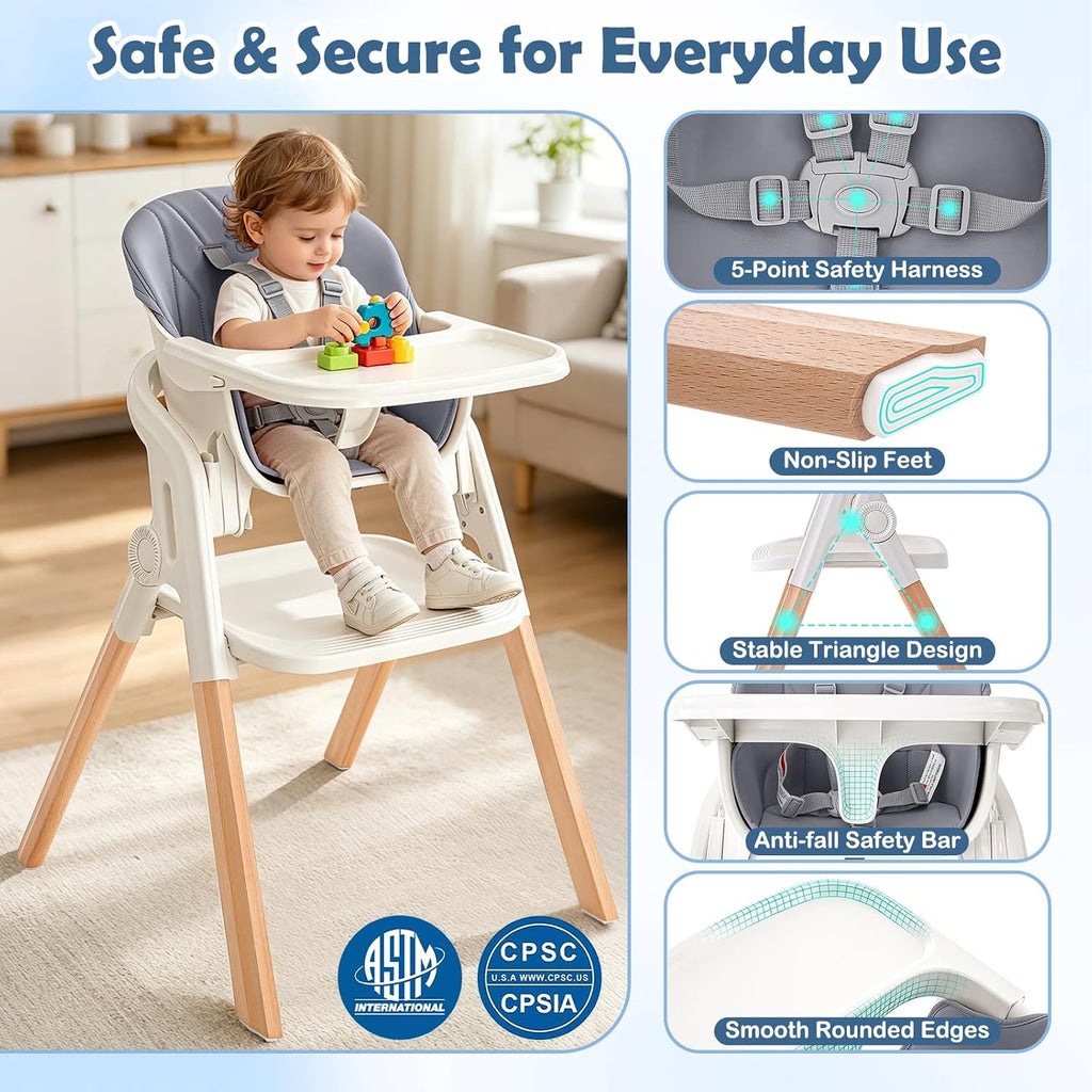 Foldable Baby High Chair, 4-in-1 Convertible Wooden Baby Highchairs (Beige)