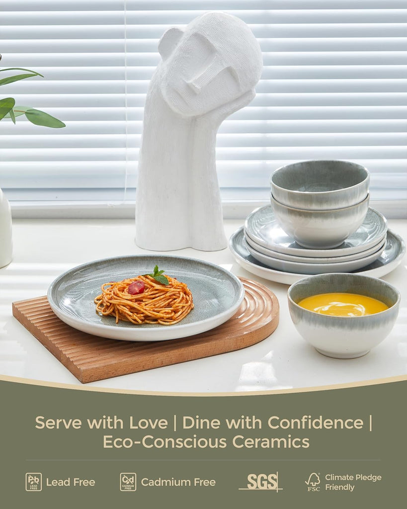 Gradient Green Stoneware Dinnerware Sets, 12 pcs Reactive Glaze Plates and Bowls Sets