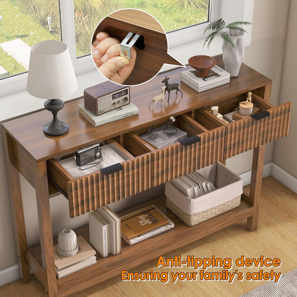 Fluted Console Table, Wooden Sofa Table with Storage and Drawers, Farmhouse Behind Couch Table Entryway Table for