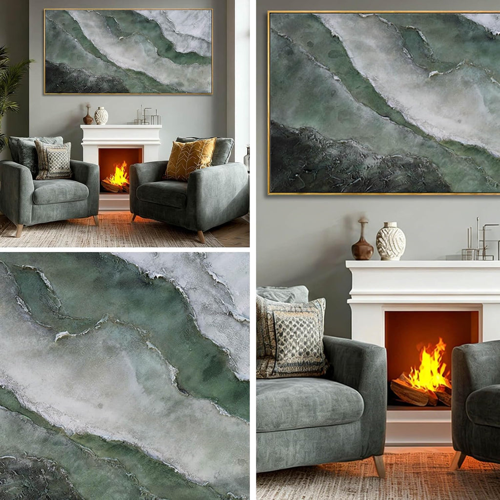 Green and White Abstract Wall Art, Large Framed Canvas Painting with Wooden Frame, Modern Abstract Wall