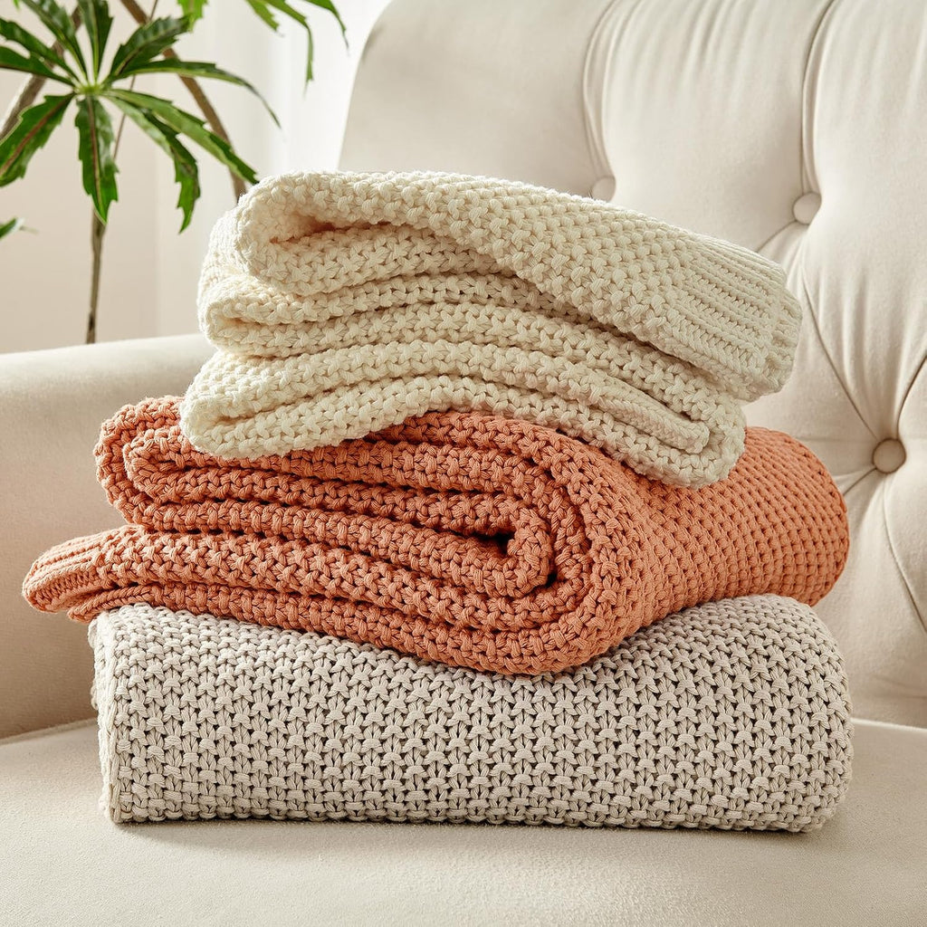 Chunky Cable Knit Throw Blanket, Lightweight 100% Organic Cotton Soft Cozy Throw Twin Blanket, Rustic Breathable