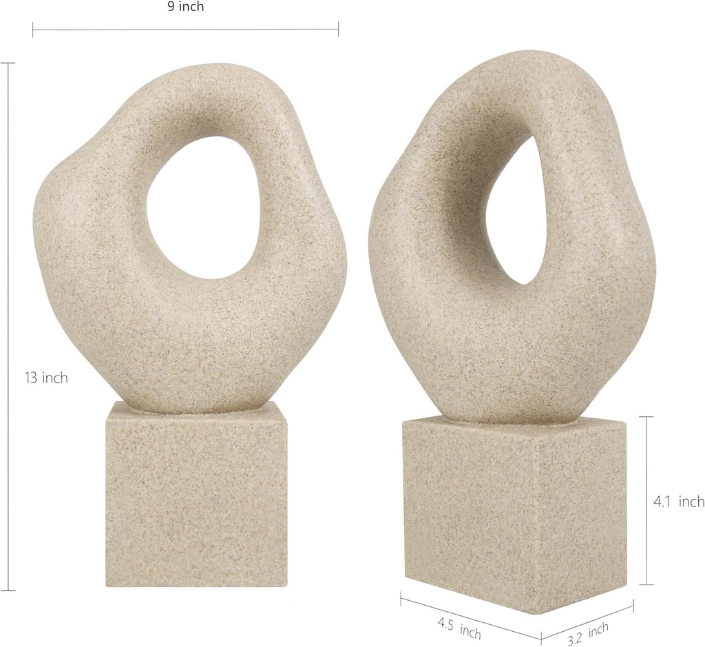 Minimalist Tabletop Decor Shelf Bookshelf Office, 13'' Tall Asymmetrical Organic Form Statue with Cube Base, Sand