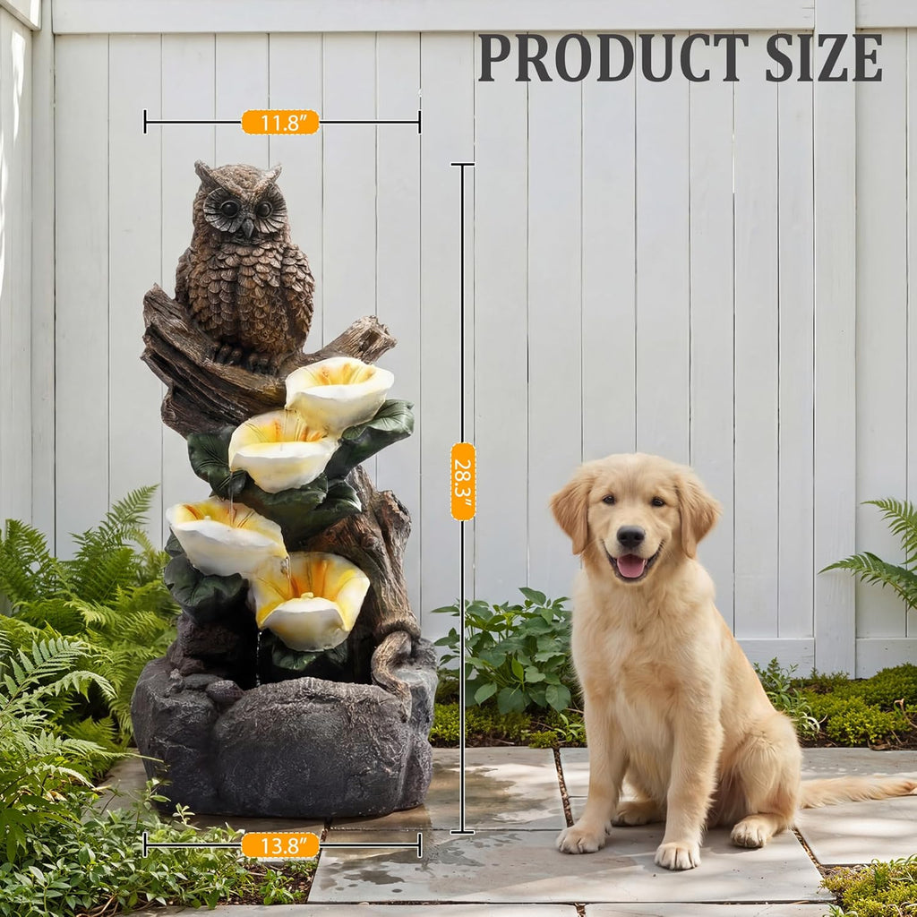 28.3" Tall Outdoor Water Fountain, 5 Tier Cascading Bowls and Stacked Water Fountain with LED Lights Décor, and Deck
