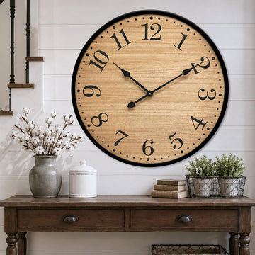 30 Inch Rustic Farmhouse Wall Clock, Large Silent Wooden Wall Clock with Natural Wood Grain Face & Black Metal Frame
