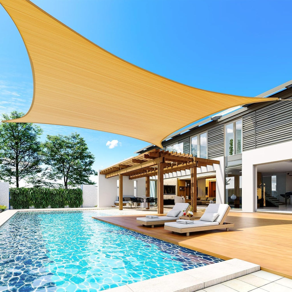 Sun Shade Sail with Hardware Kit 185GSM 12x16ft Sand | Rectangular Outdoor Sunshades UV Block Outside Canopy Cover