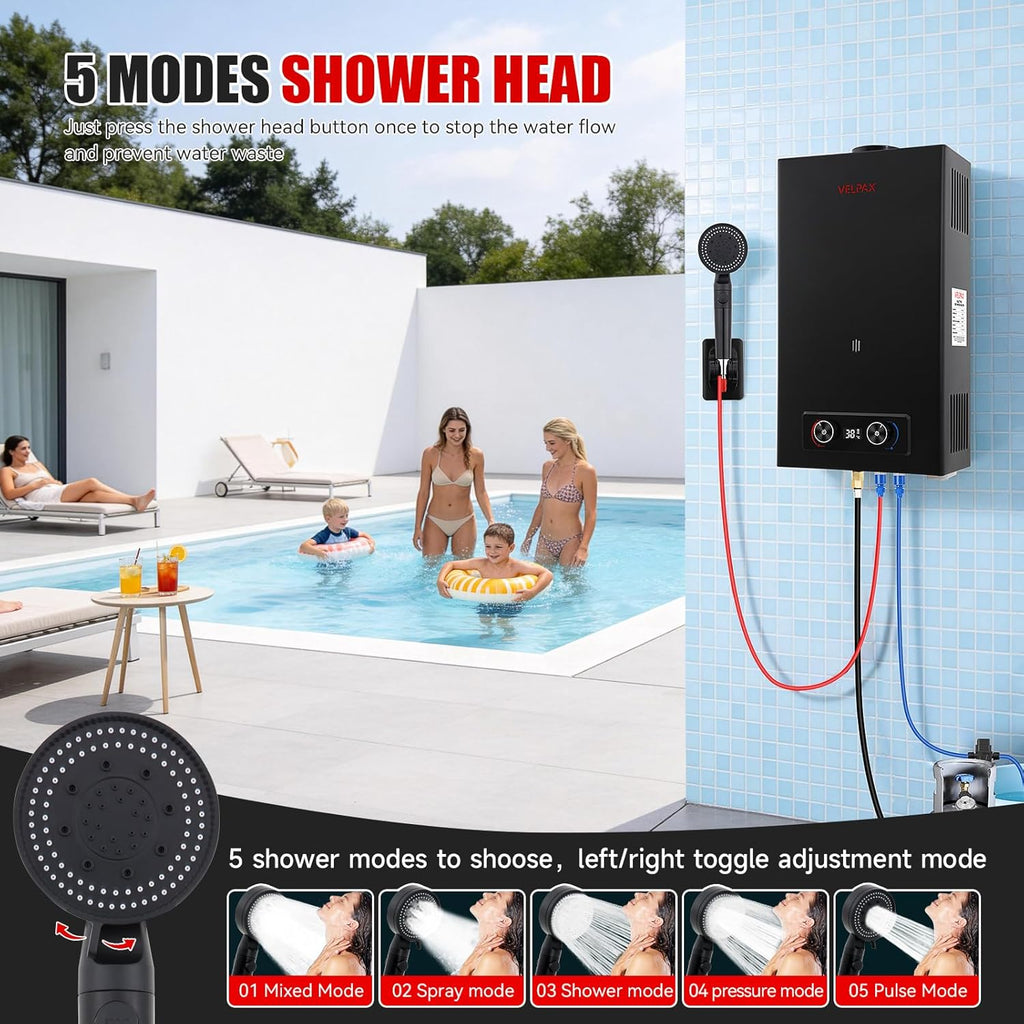 Propane Water Heater 4.76 GPM 18L Outdoor Portable Tankless Water Heater 82000 BTU/Hour with Digital Display Battery