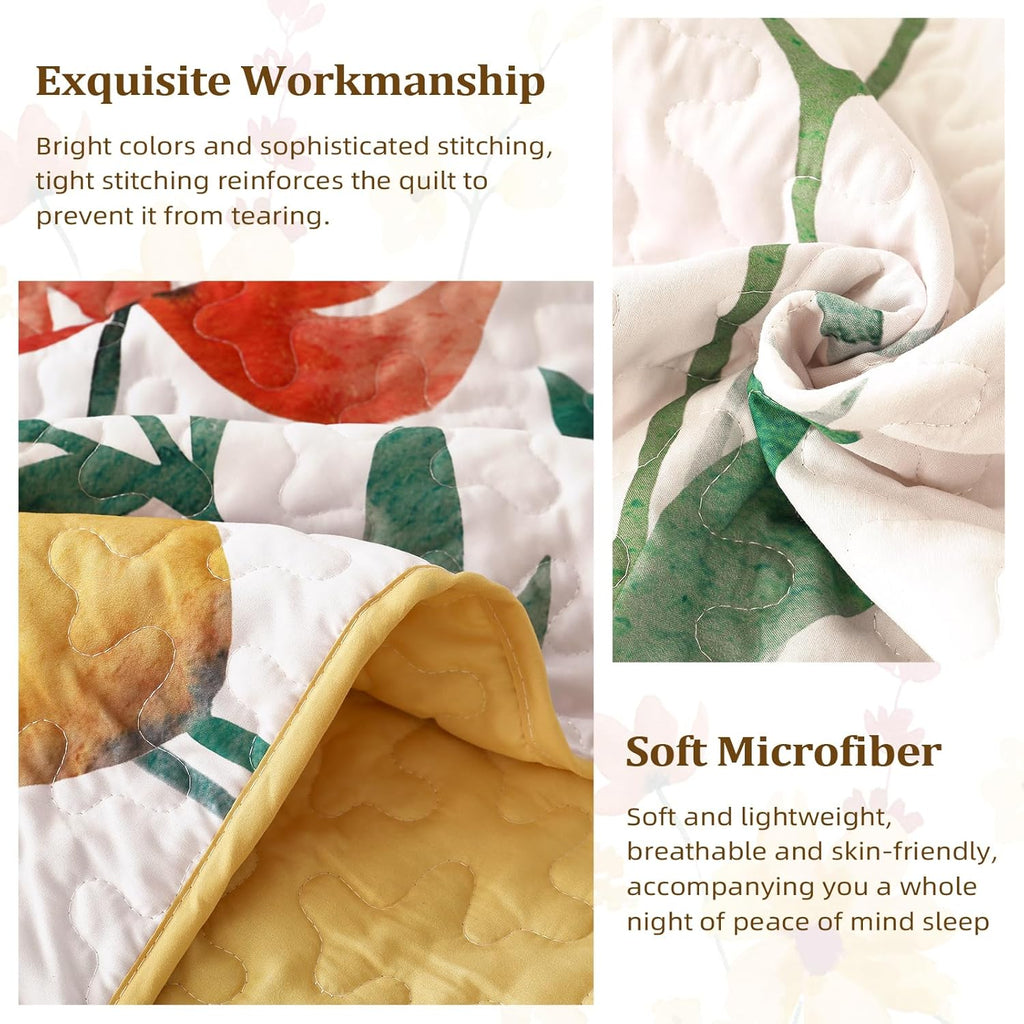 Quilt Set, Yellow Floral Reversible Bedspread Soft Microfiber Lightweight Quilt Bedding Sets Reversible