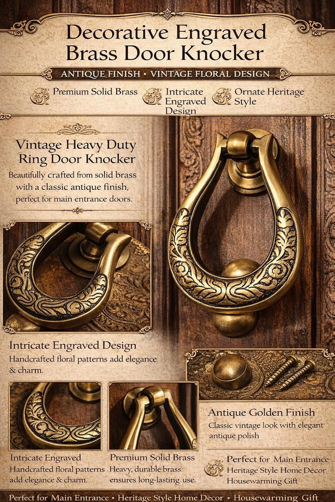 Decorative Golden Brass Door Knocker Victorian Style Brass Door Knocker Door Décor with Antique Finish Heavy Duty