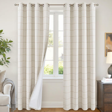 Linen Blackout Curtains - Boho Plaid 52x84 Inch 2 Panels, Natural