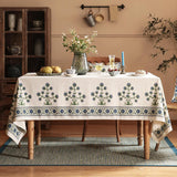 Designer Vintage Small Blue Rectangle Table Cloth,Linen Leaves Pattern Floral Tablecloth,Farmhouse F