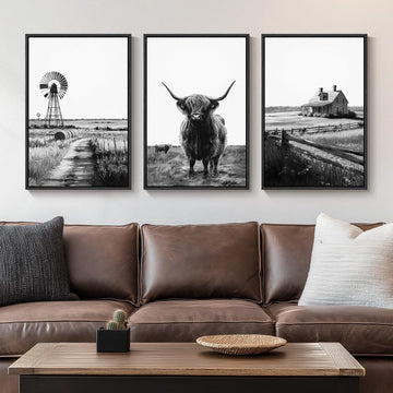 Framed Highland Cow Wall Art , 3 Piece Black and White Farmhouse Canvas Artwork for Walls, Vintage Rustic Barn