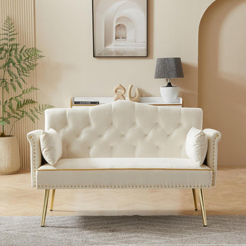 55 Inch Beige Velvet Loveseat Sofa with Gold Metal Legs & Side Pockets, Tufted Backrest