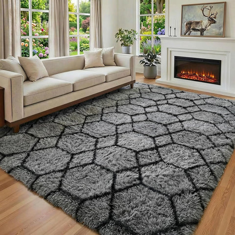6x9 Area Rugs for Living Room Bedroom, Large Fluffy Grey and Black Throw Rug