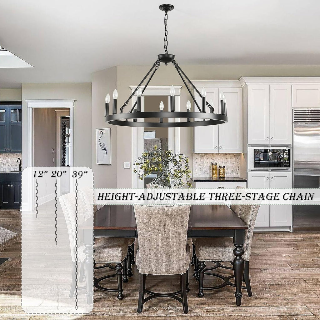 Black Wagon Wheel Chandelier 32 inch,12-Light Farmhouse Wagon Wheel Chandeliers Round Industrial Ceiling Light