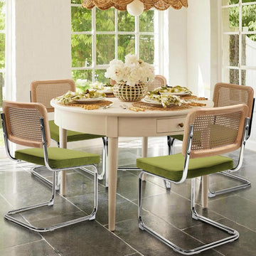 Dining Chairs Set of 4, Modern Rattan Kitchen Chairs, Mid Century Modern Design, Polished Chrome Frame, Upholstered