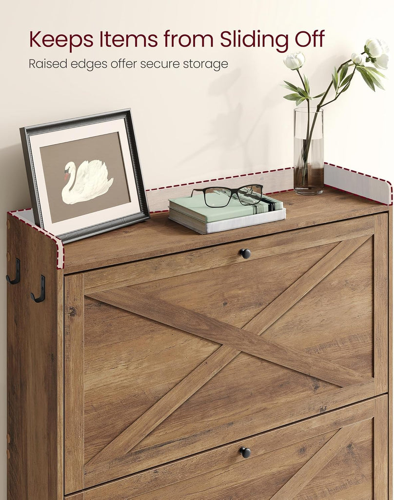 Shoe Storage Cabinet Organizer with 2 Flip Drawers, Freestanding Narrow Shoe Rack Cabinet , Farmhouse Style, Fits 14