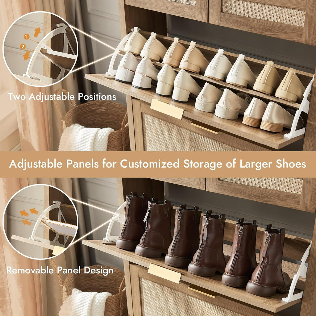 Rattan Shoe Storage Cabinet with 2 Drawers & 2 Flip Drawers - Hidden Slim Shoe Organizer , Large Tabletop Space