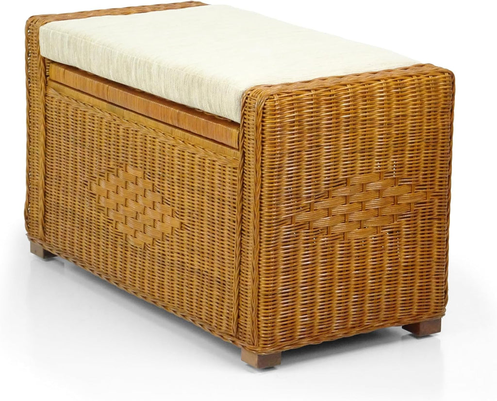 Bruno Handmade 32 Inch Rattan Wicker Chest Storage Trunk Organizer Ottoman W/Cushion Colonial