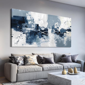 Large Navy Blue White Abstract Wall Art Modern Geometric Abstract Canvas Painting Prints Minimalist Artwork Dining
