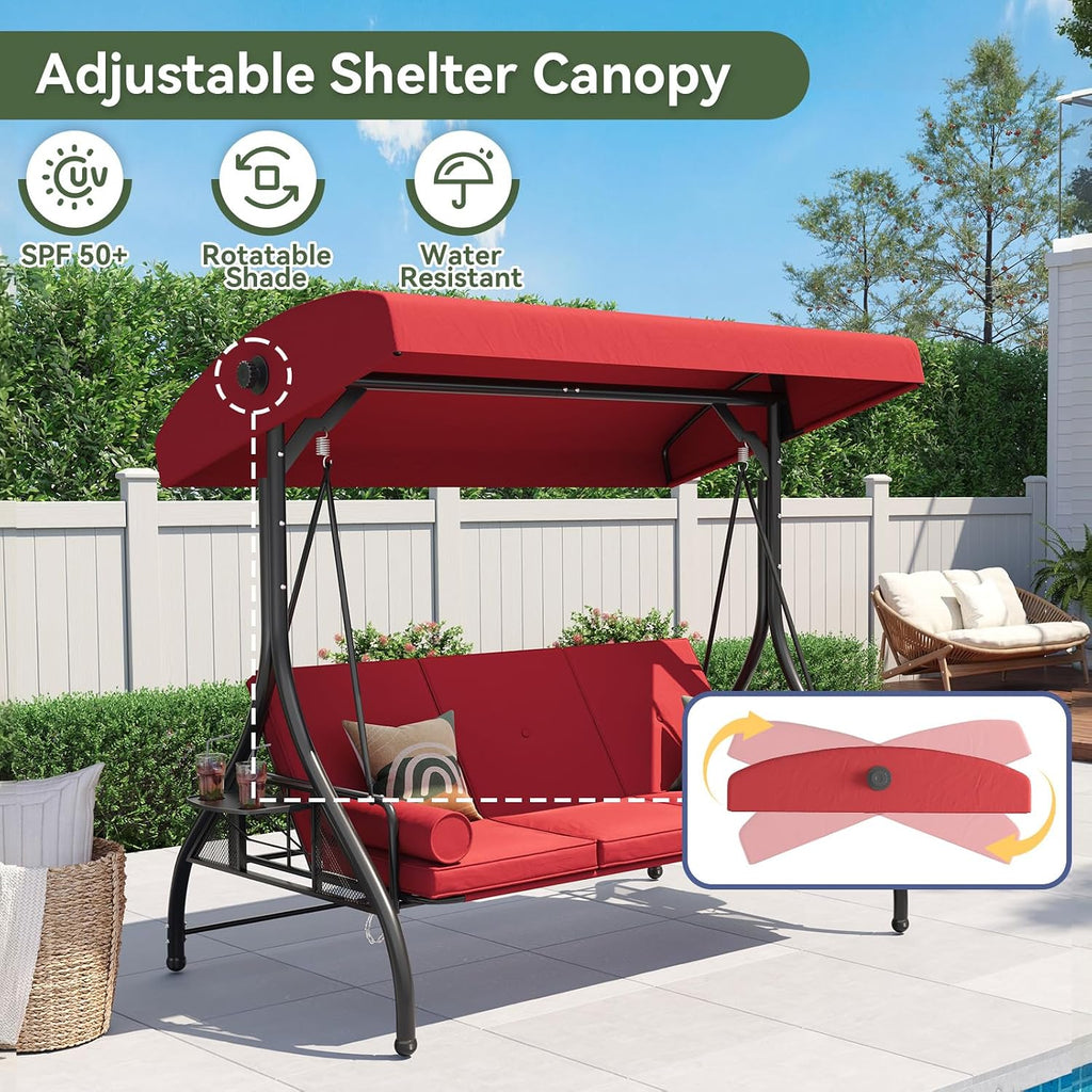 Outdoor Porch Swing with Stand and Canopy, 3 Seats Outdoor Swings for Adults, Convertible 2 in 1 Swing Bed with Cup