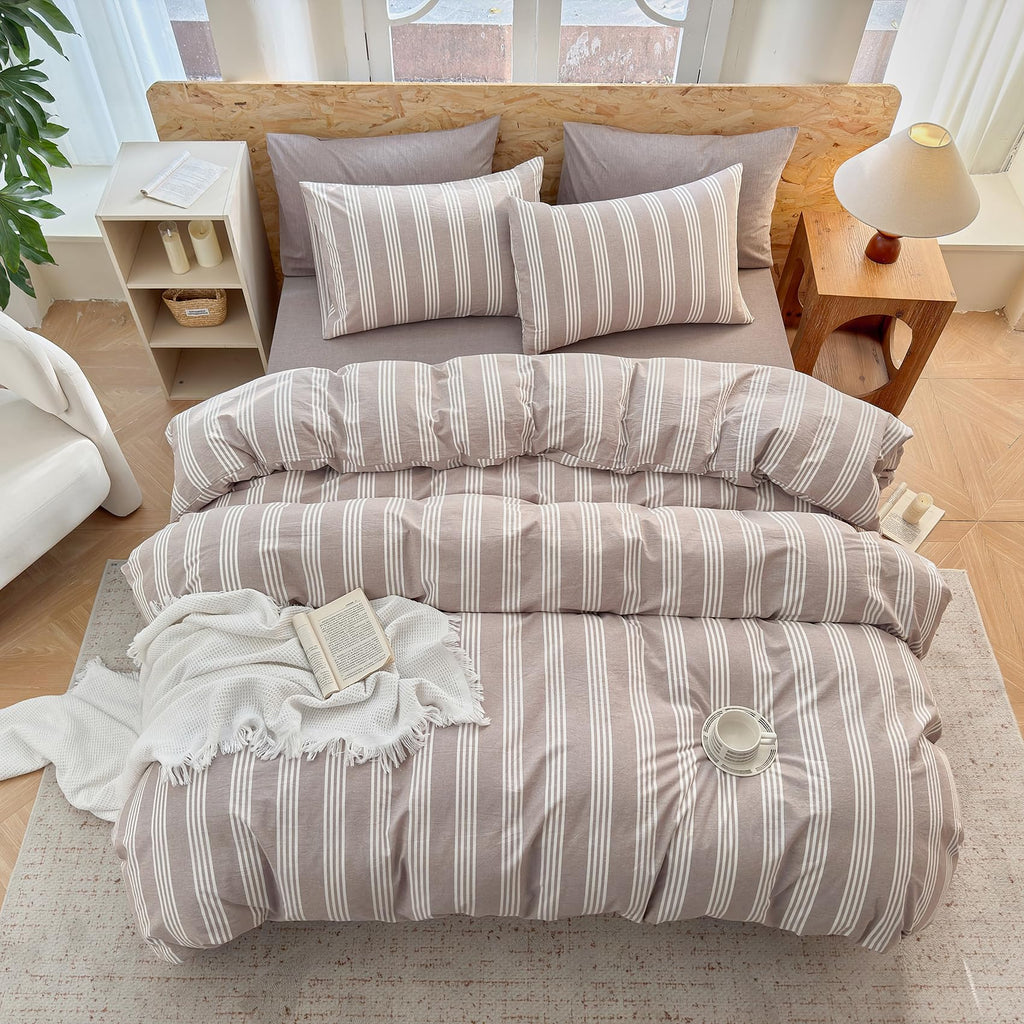 Striped Duvet Cover Set 100% Washed Cotton Linen Like Super Soft Chic Bedding Set 3 Pcs Light Brown-White